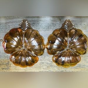 Vintage set of 2 marigold carnival glass clover dishes. Excellent condition.